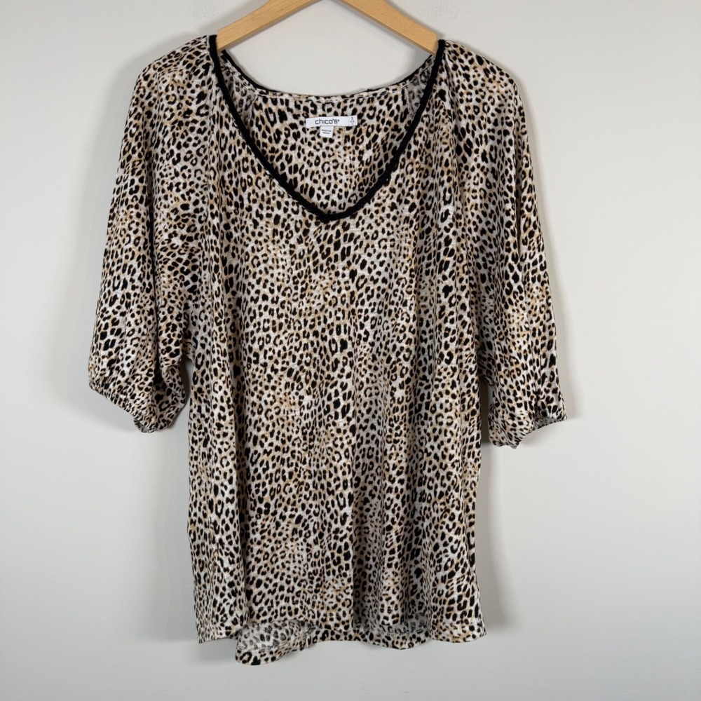 Chico's Leopard Print Braided Linen Top V-Neck 2 Large Tan Black Animal Pattern